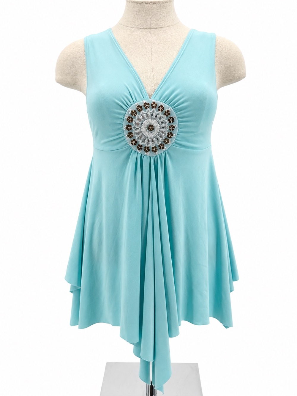 Body Central Blue Embellished Tank Top Slit Front Y2k Beaded Small Boho
